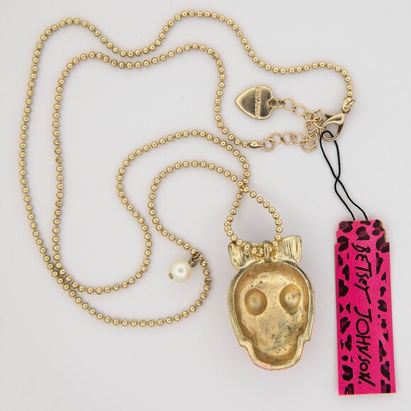Betsey Johnson Sugar Skull Necklace | Pearl Accent & Rhinestone Eyes | Statement - Picture 5 of 7